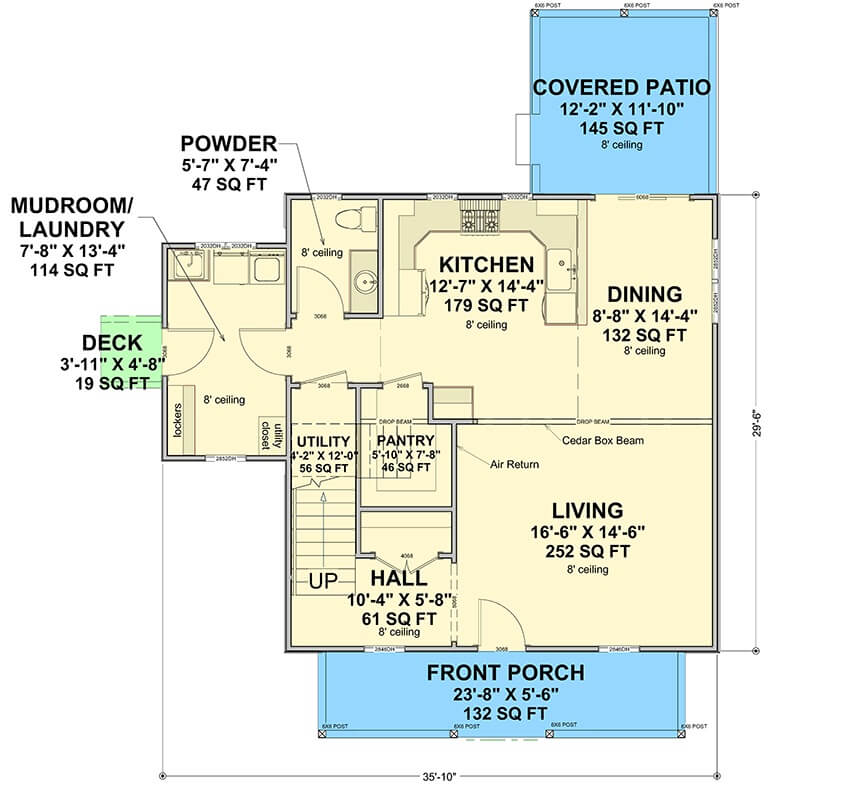 Main level floor plan of a 3-bedroom country cabin with living room, dining area, kitchen, and mudroom/laundry.