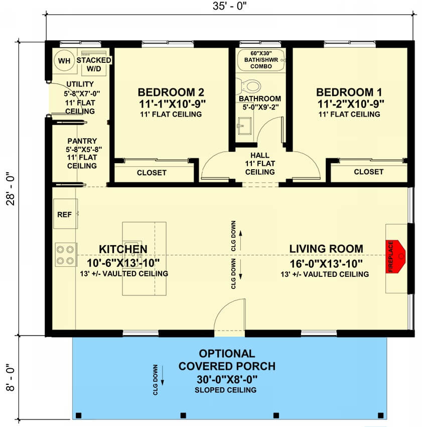 Main level floor plan of a farmhouse style 2-bedroom ADU with front porch, living room, kitchen, two bedrooms, a common bath, and a utility room.