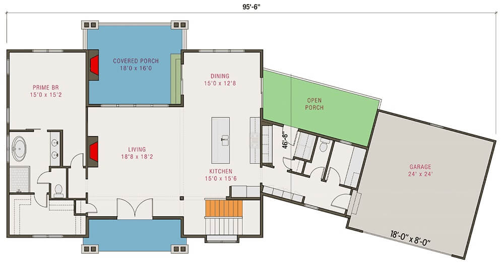 Main level floor plan of a modern farmhouse style 4-bedroom home with living room, dining area, kitchen, primary bedroom, and mudroom leading to the angled garage.