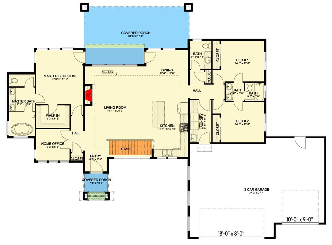 Main level floor plan of a modern prairie style 3-bedroom home with foyer, living room, dining area, kitchen, three bedrooms, home office, and laundry room leading to the garage.
