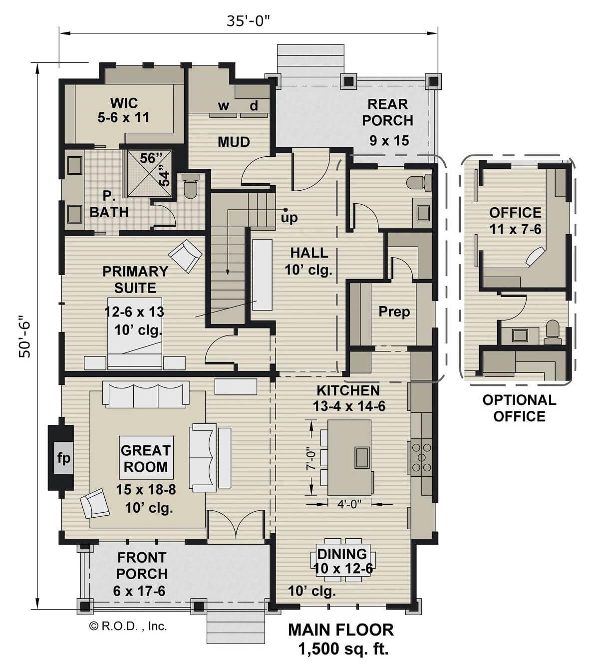 Main level floor plan of The Winsted 3-bedroom modern farmhouse with great room, kitchen, dining room, primary suite, mudroom, prep kitchen, and optional office.