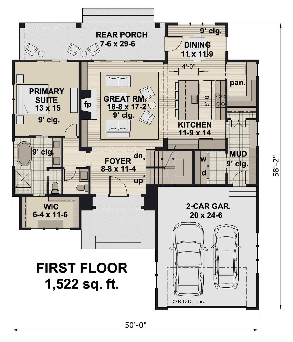 Main level floor plan of a 3-bedroom Larissa farmhouse with foyer, great room, kitchen, dining room, primary suite, and mudroom leading to the garage.