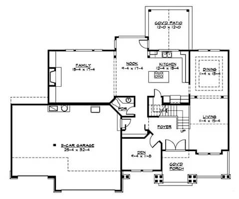 Main level floor plan of a craftsman style 3-bedroom Rockmore home with foyer, living room, dining room, family room, kitchen, breakfast nook, den, and 3-car garage.