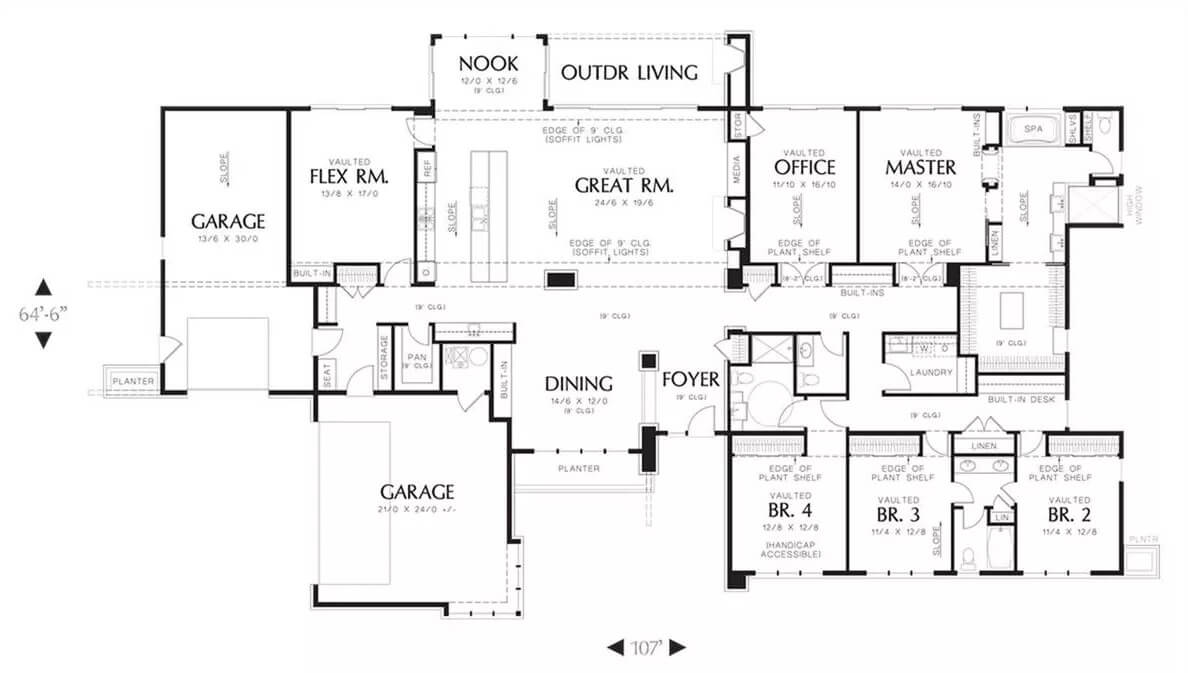 Main level floor plan of a contemporary ranch style 4-bedroom Chebeague home with foyer, great room, dining room, kitchen, flex room, office, four bedrooms, and two garages.
