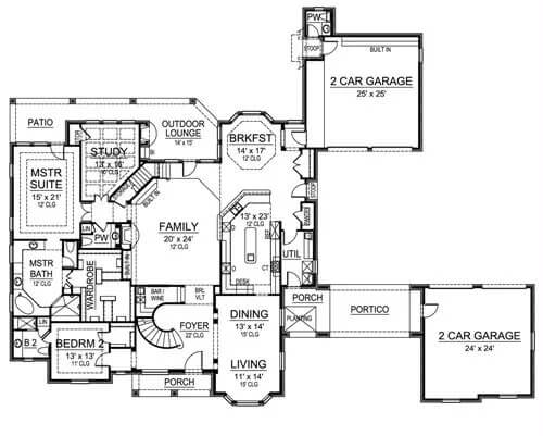 Main level floor plan of the 5-bedroom Tottenham traditional home with a foyer, family room, living room, kitchen, breakfast nook, dining room, two bedrooms, study, and multiple garages.