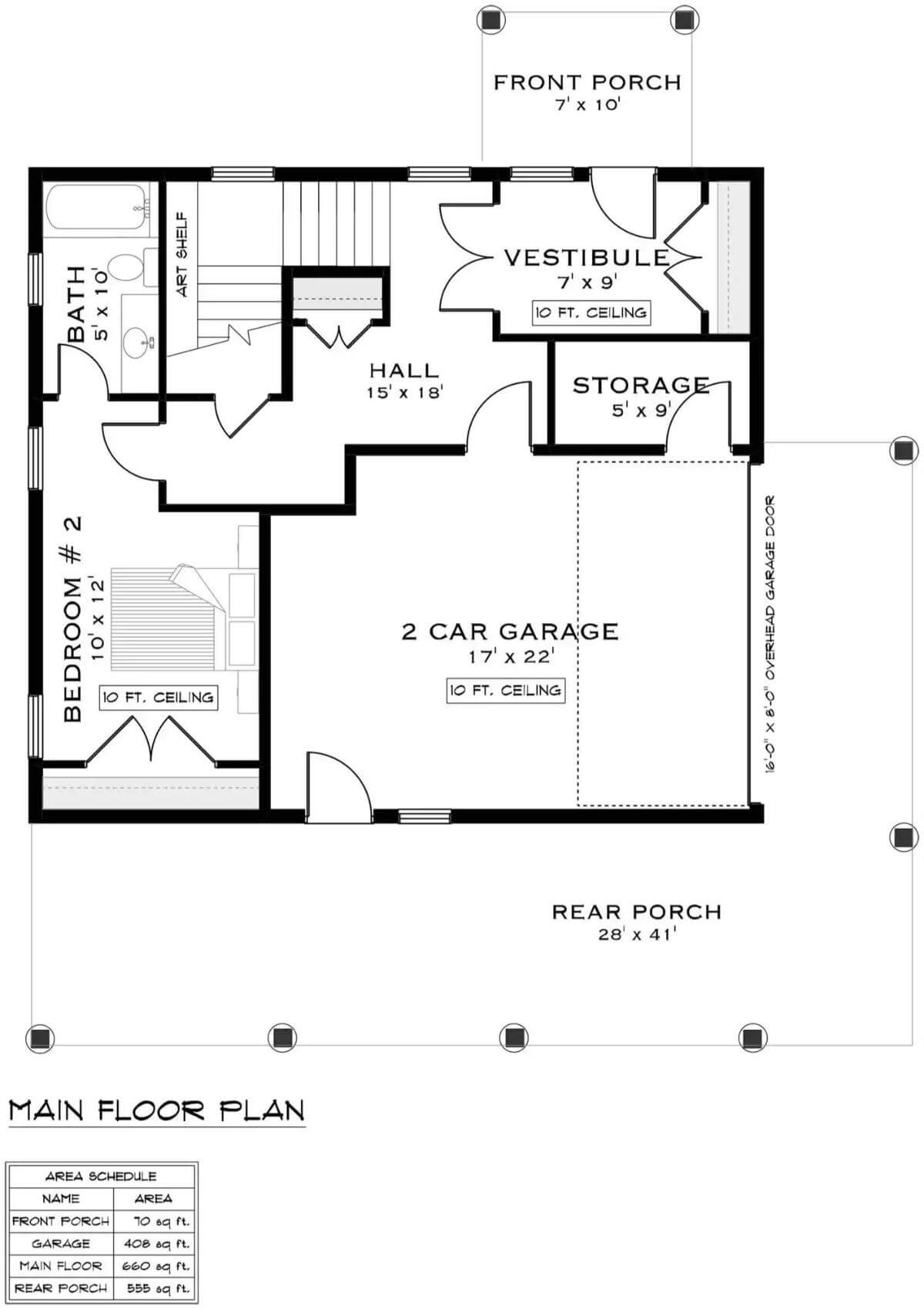Main level floor plan of a contemporary style 2-bedroom Rustic Roost home with a bedroom suite and a double garage with storage space.