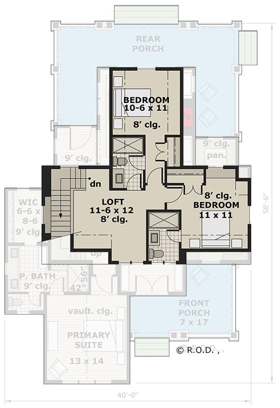 Second level floor plan with two bedroom suites and a loft.