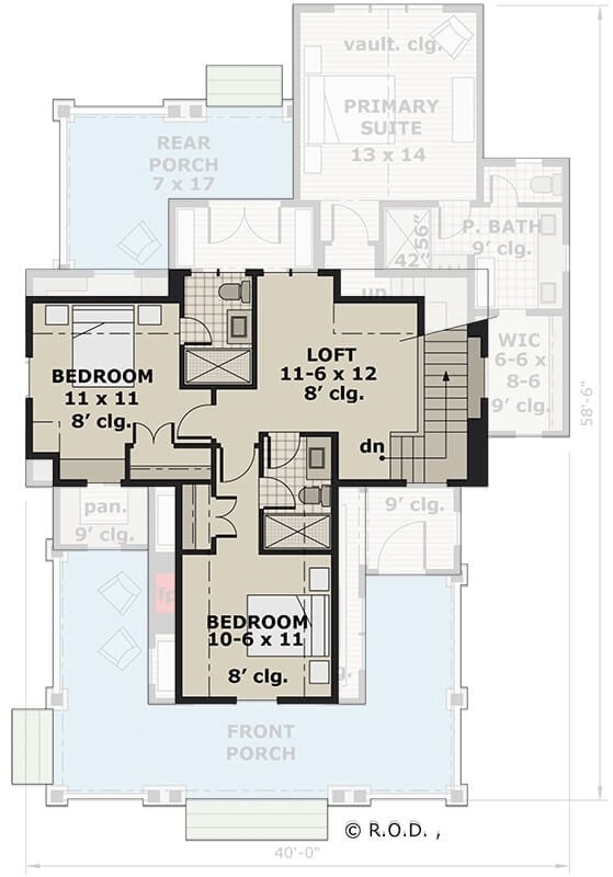Second level floor plan with two bedrooms and a loft.