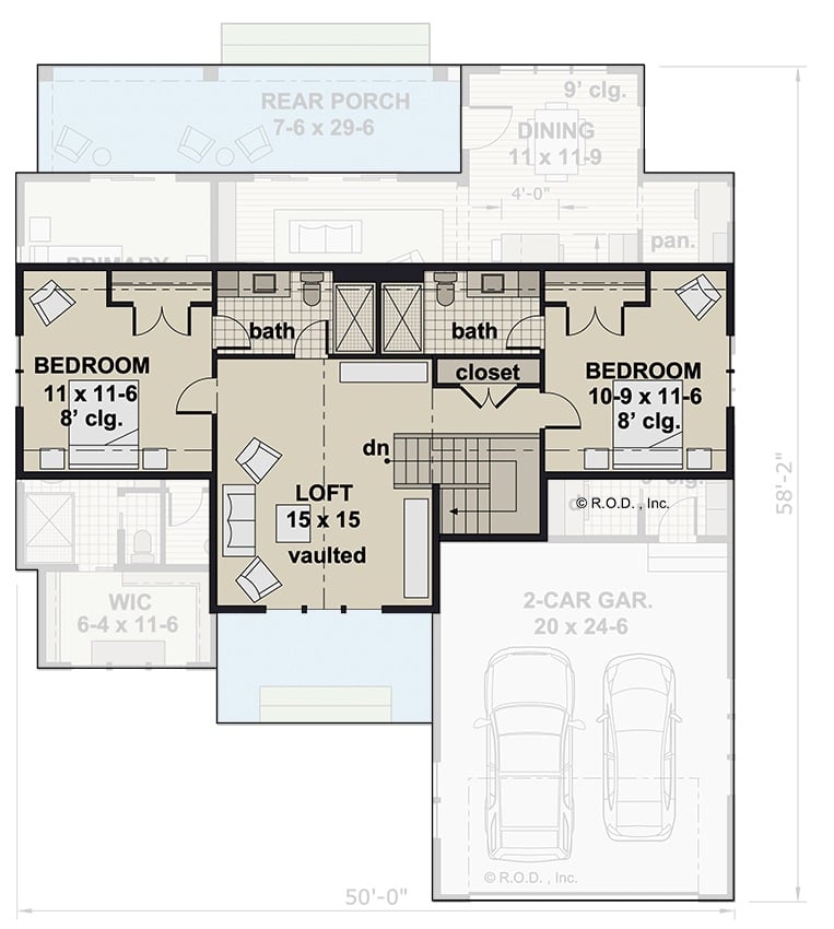 Second level floor plan with two bedrooms and a loft.