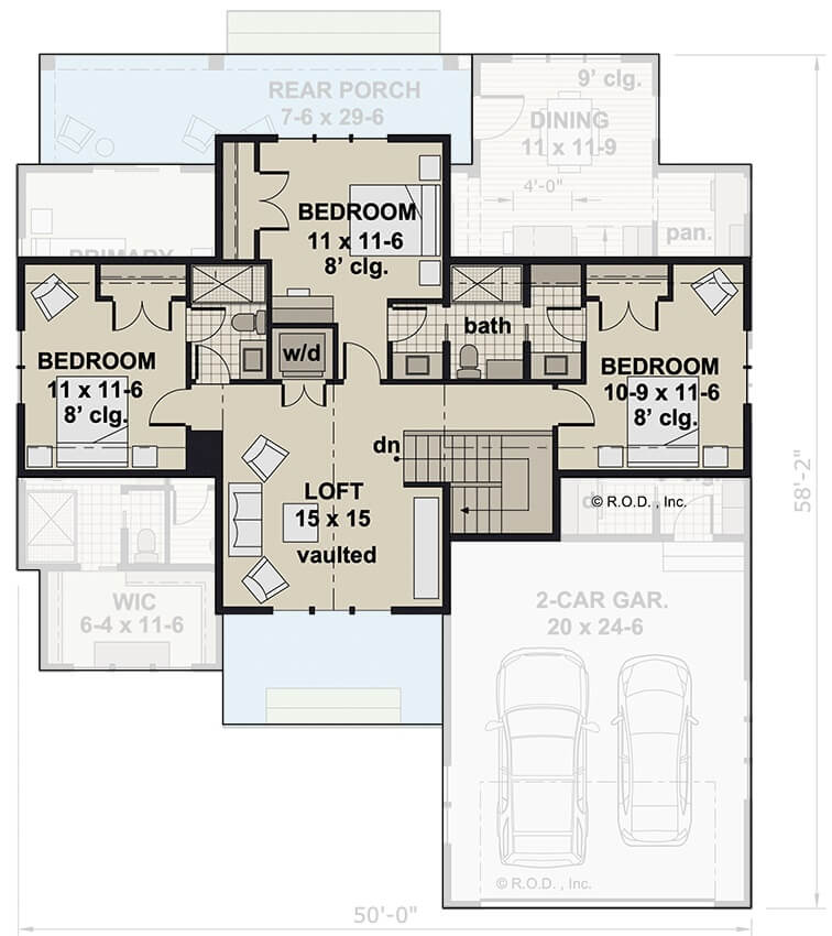 Second level floor plan with three bedrooms and a loft.
