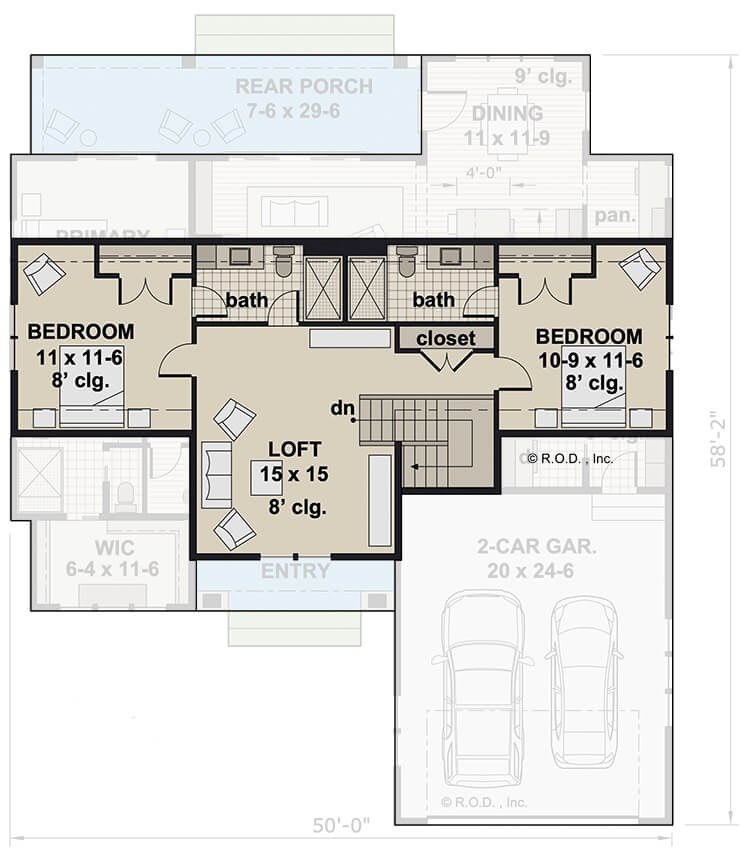 Second level floor plan with two bedrooms and a loft.