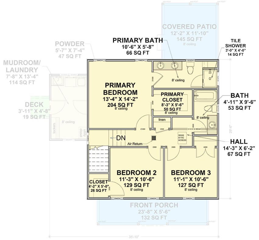 Second level floor plan with three bedrooms and two bathrooms.