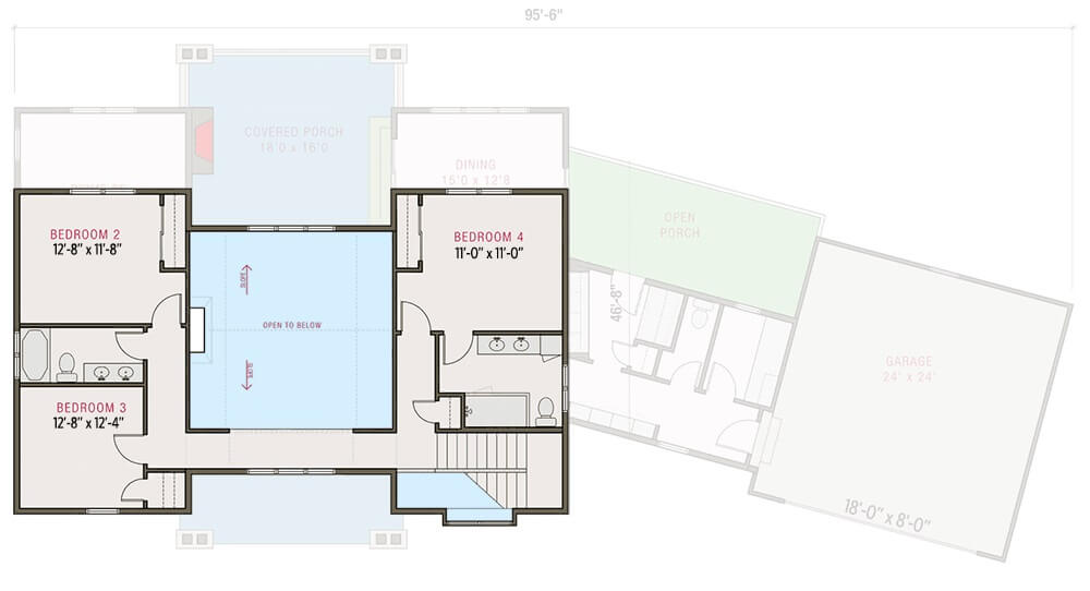 Second level floor plan with three bedrooms and two bathrooms.