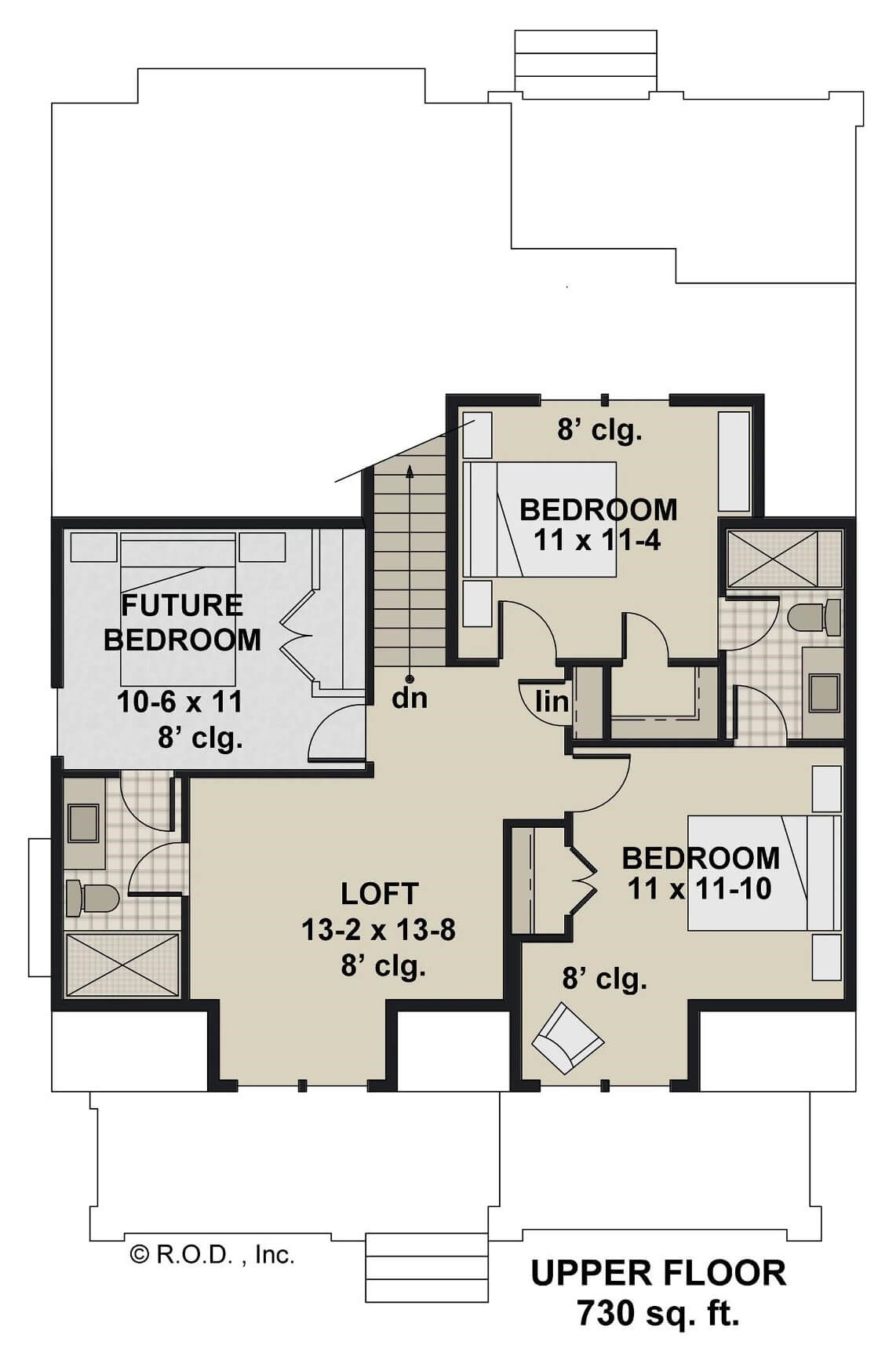 Second level floor plan with three bedrooms, a loft, and a future bedroom.