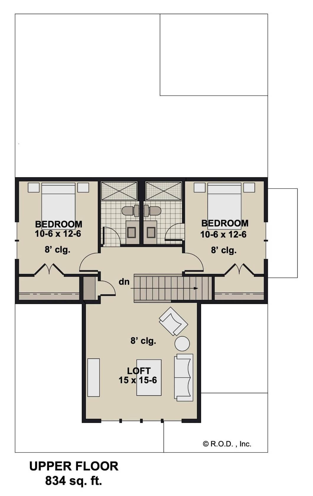 Second level floor plan with two bedroom suites and a loft.