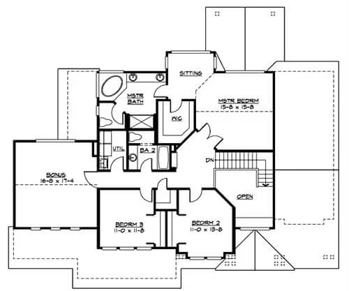 Second level floor plan with three bedrooms and a bonus room.