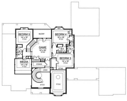 Second level floor plan with three bedrooms, a game room, and a media room.
