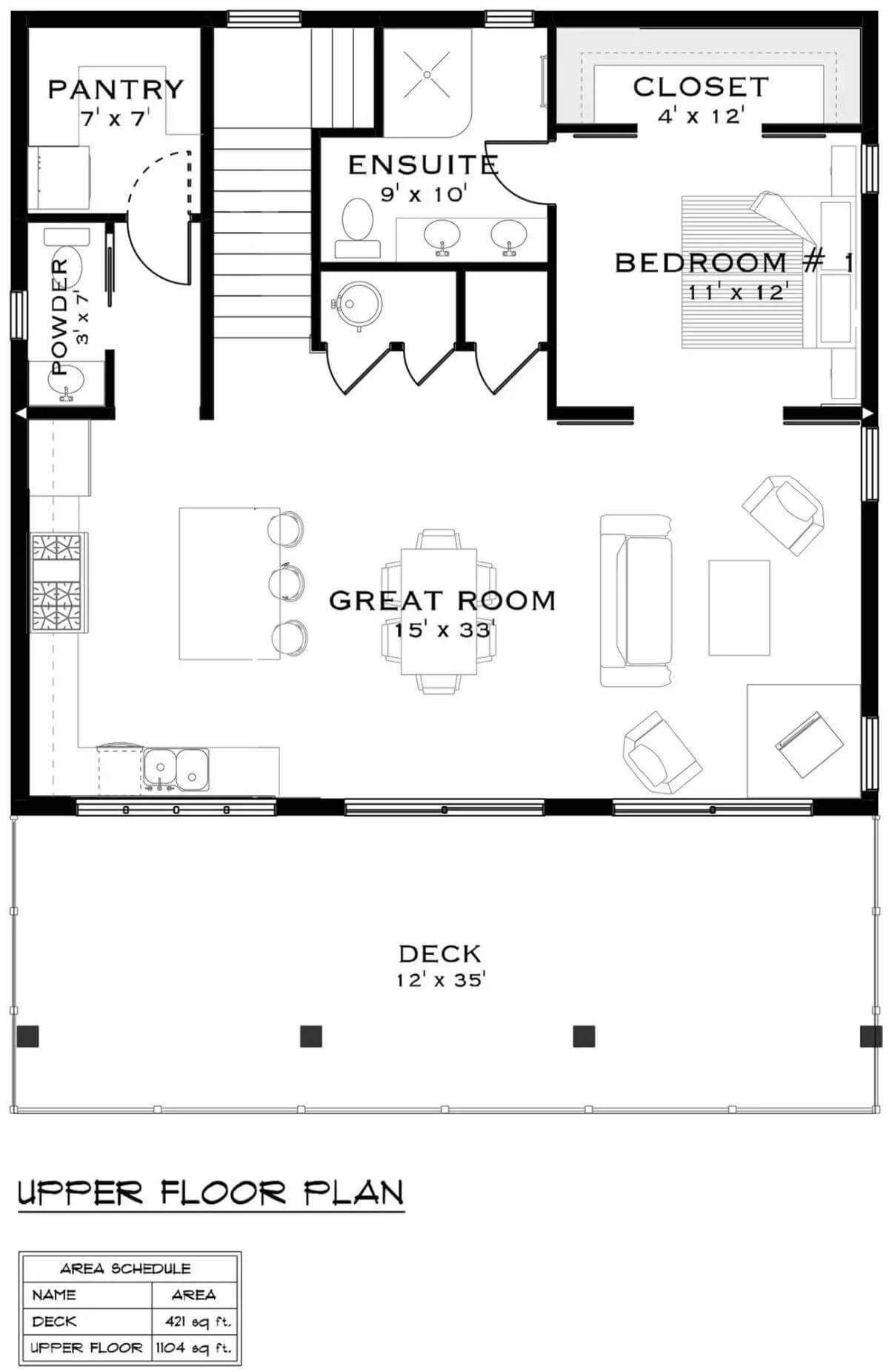 Second level floor plan with great room, a powder bath, and a bedroom suite.