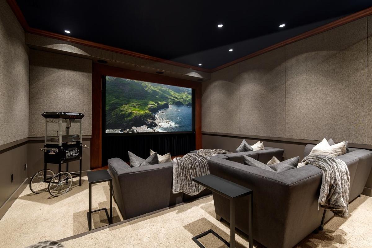 Home theater with custom lighting and carpet flooring.