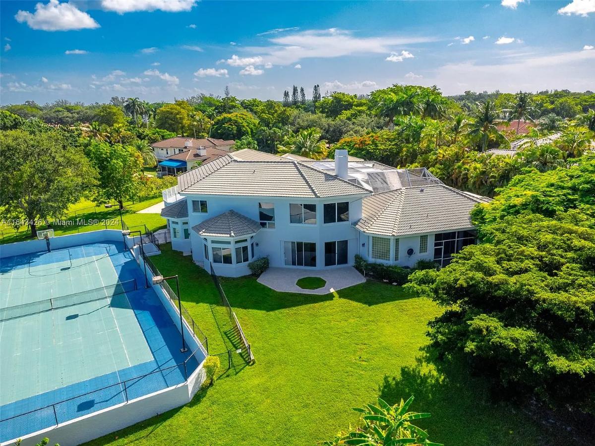 Aerial rear view of the mansion.