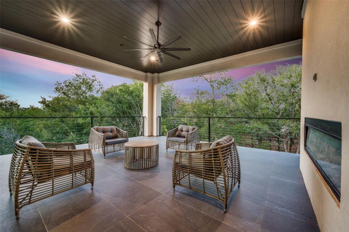 Balcony with a fireplace.