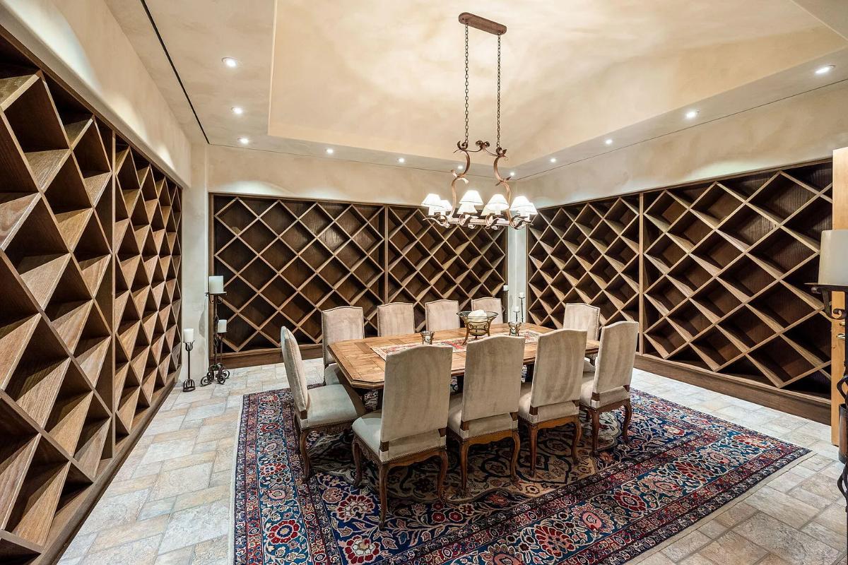 Wine cellar with a dining table.