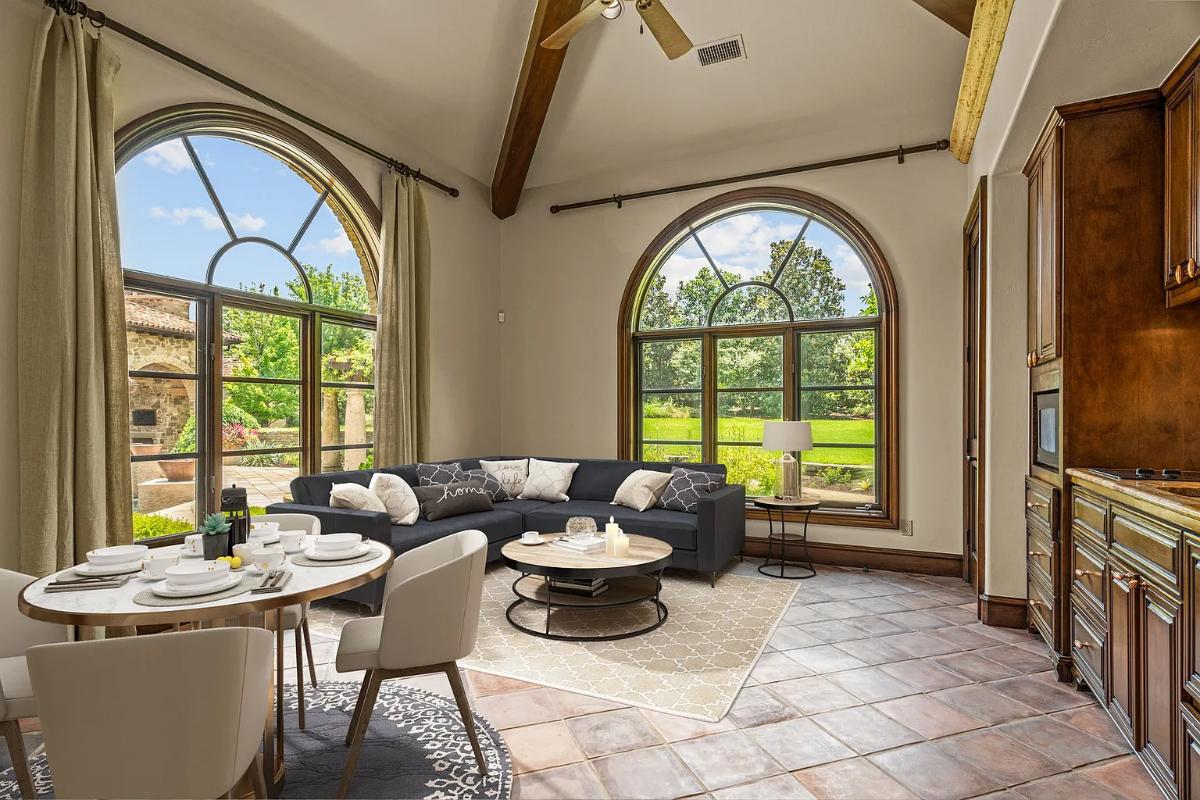 Interior view of the casita with a dining area and a living space.