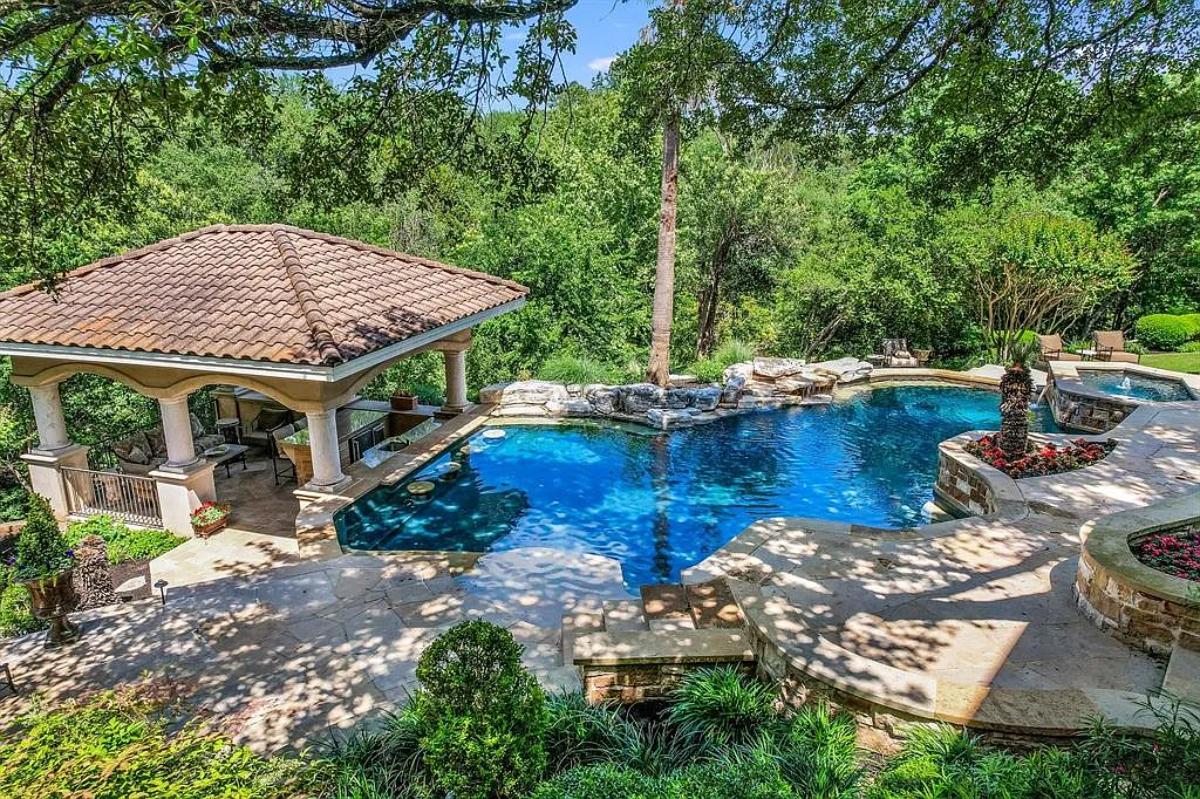 Pool with a cabana.