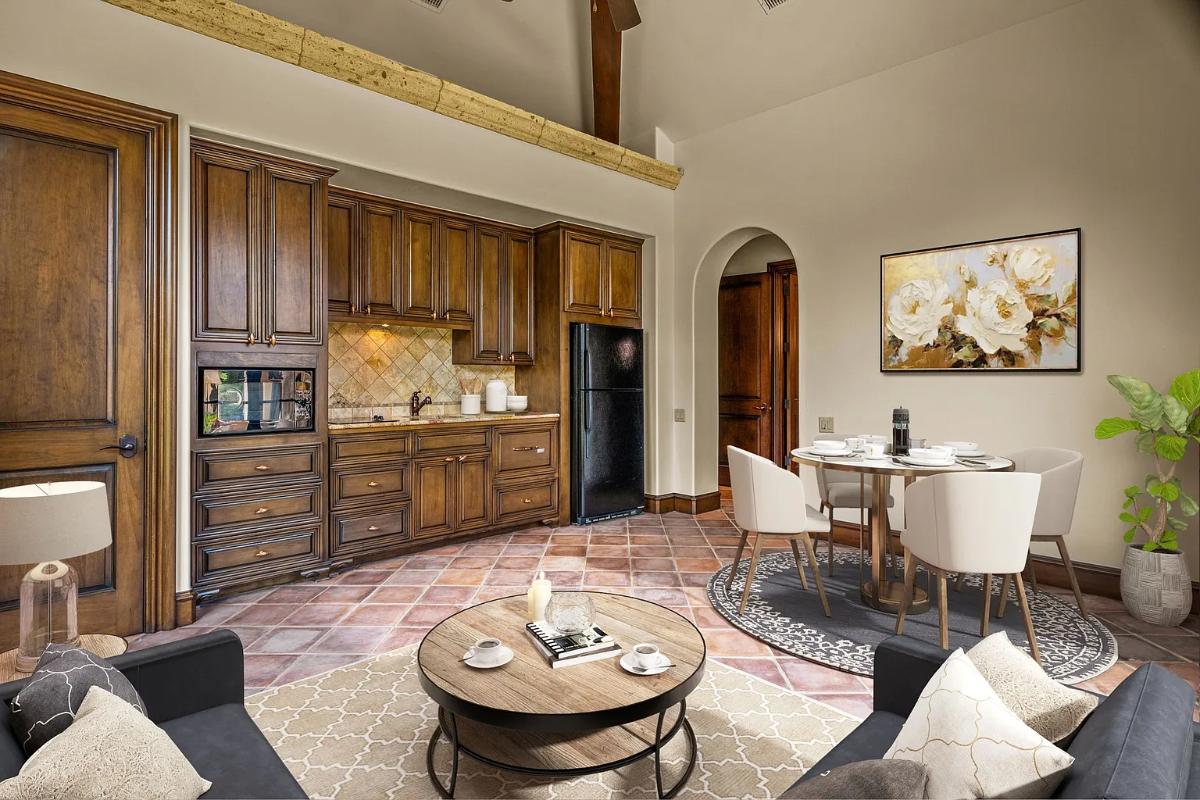Interior view of the casita with a dining area, kitchen and a living space.
