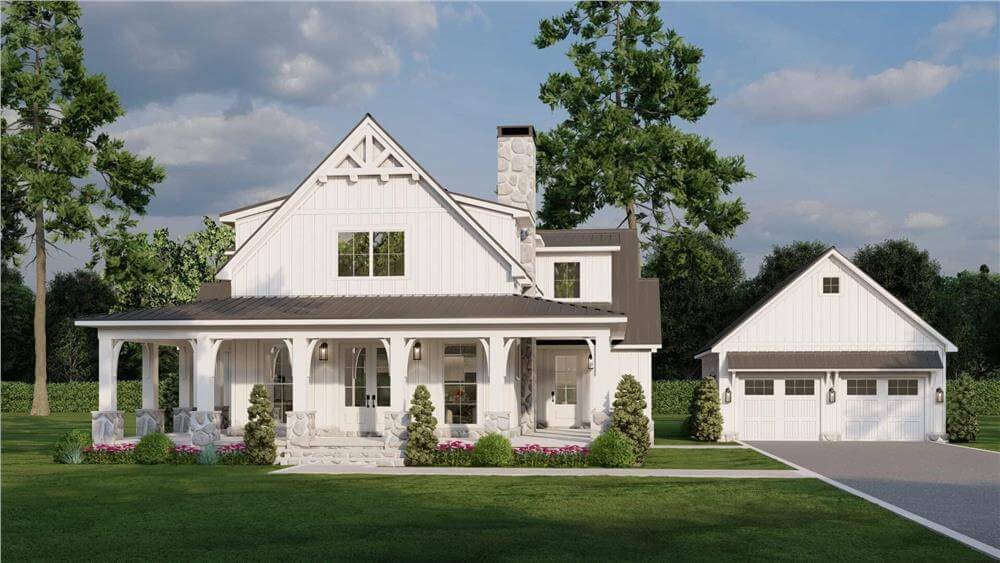 European-Style 4-Bedroom Home with Wraparound Porch and Balcony Loft (Floor Plan)