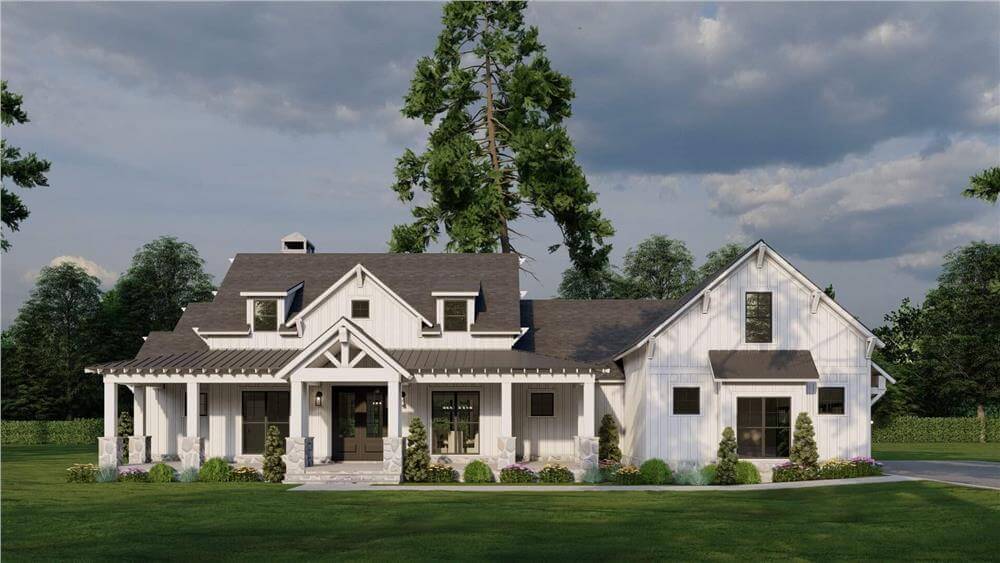 3-Bedroom Farmhouse with Bonus Room Above the 3-Car Garage (Floor Plan)