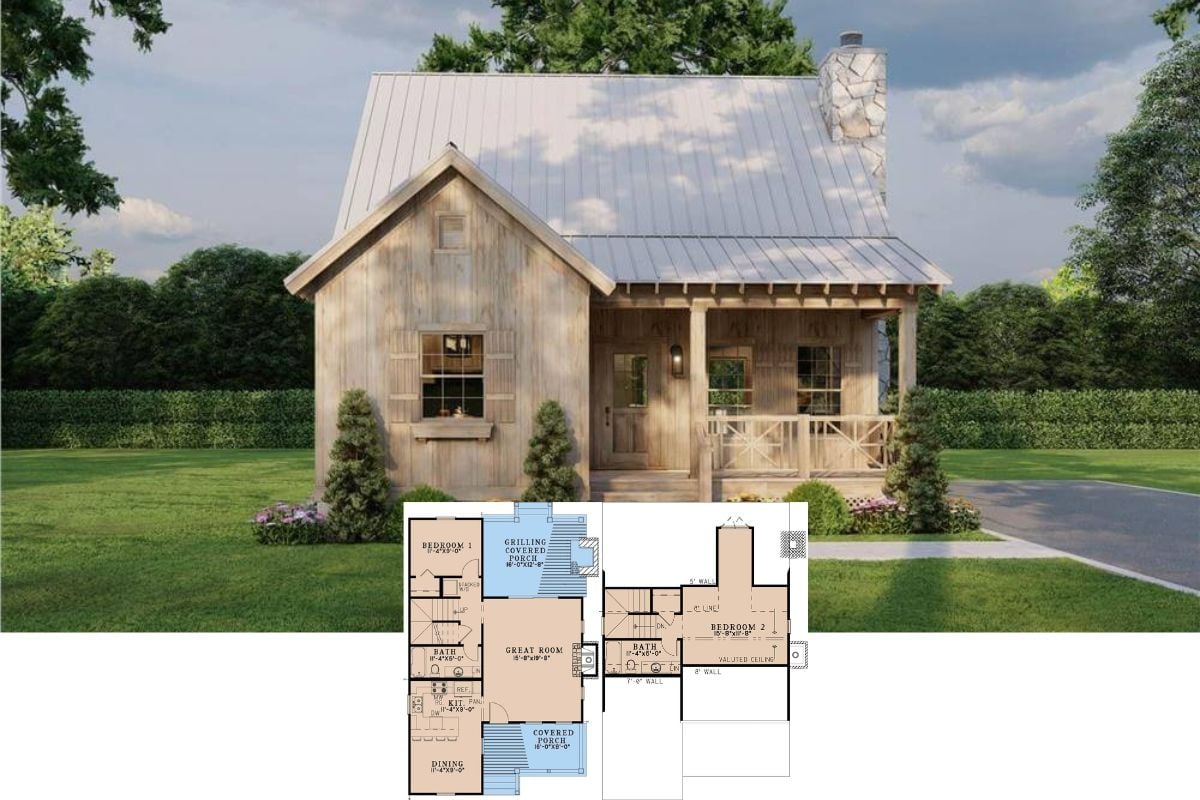 2-Bedroom Cabin with Covered Front and Back Porches (Floor Plan)