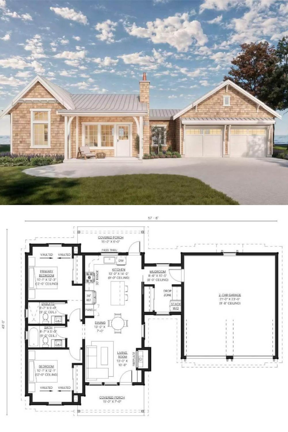 An attractive shingle exterior accentuated by white trims gives this 2-bedroom cottage-style home a timeless appeal. It features a welcoming front porch and a 2-car garage that connects to the home through a functional mudroom.