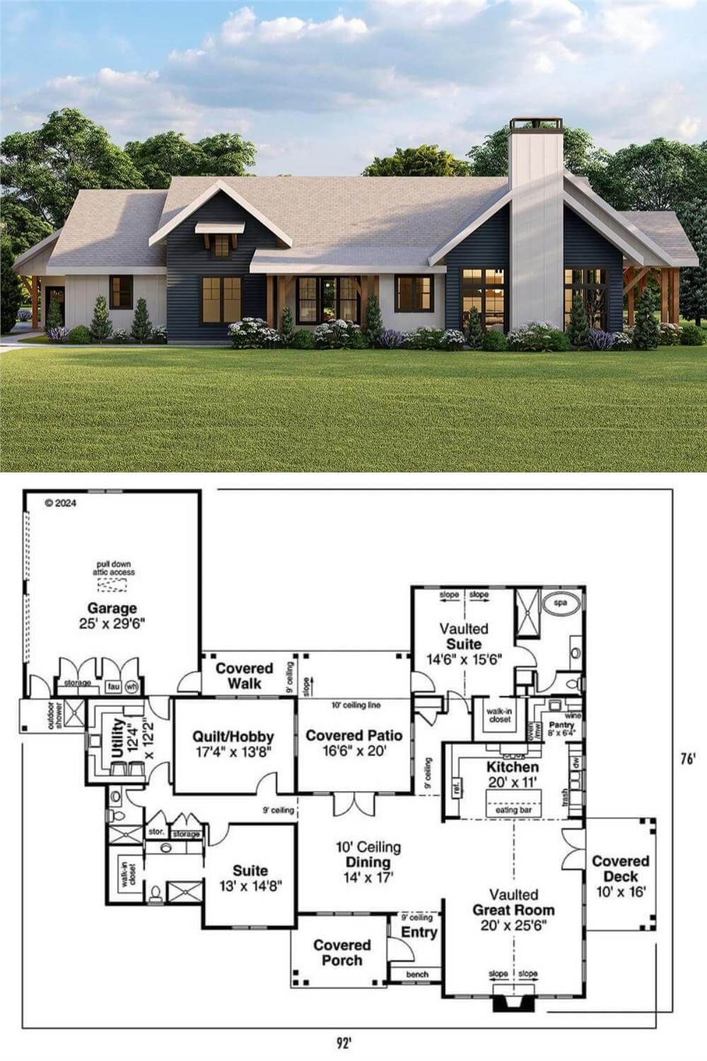 This charming 2-bedroom farmhouse showcases a stunning blend of vertical and horizontal siding in contrasting hues, creating a visually striking facade.