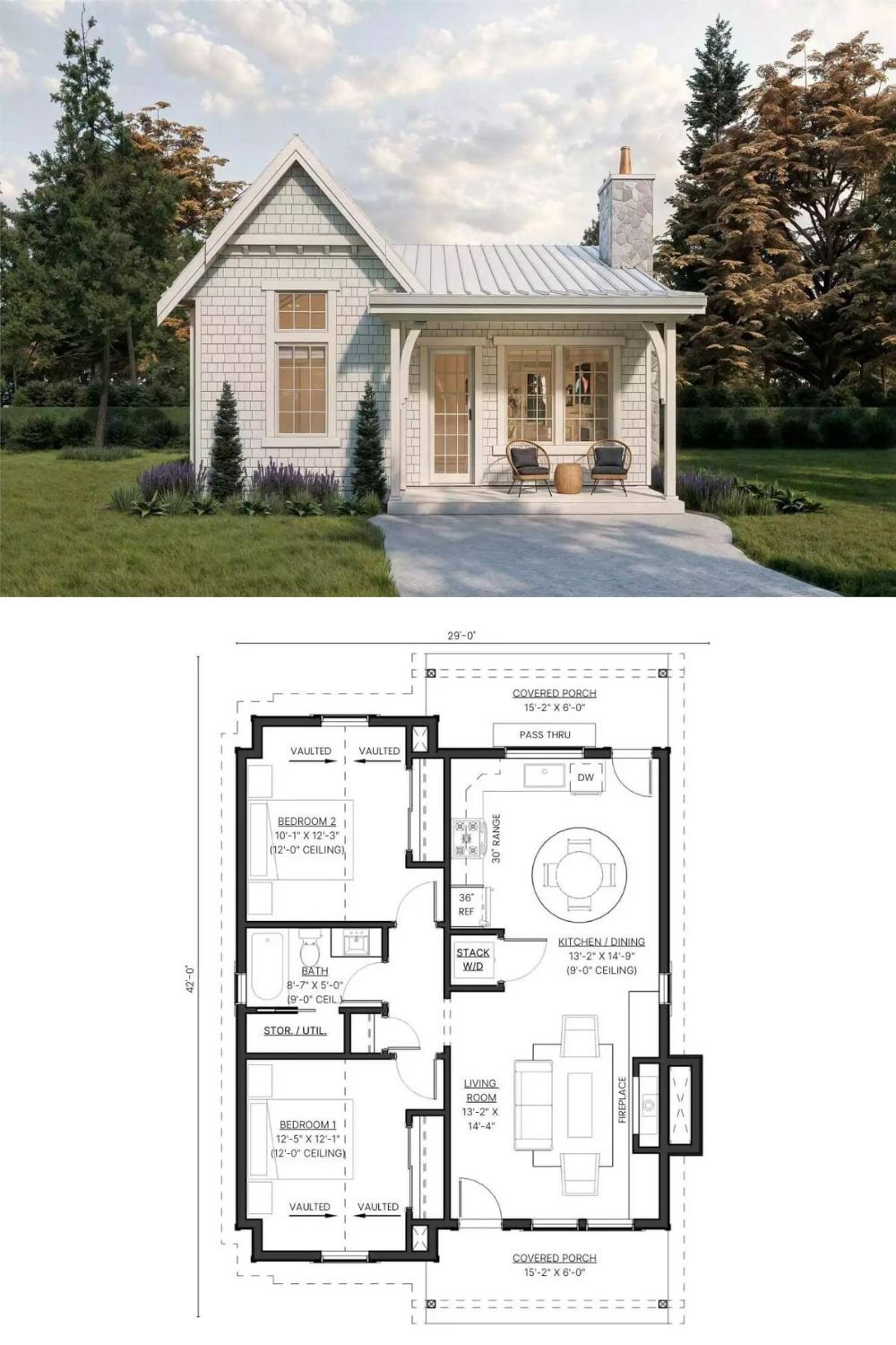 This 2-bedroom cottage-style home features a charming facade with shingle shake siding, a stone chimney, and an inviting front porch supported by rustic columns.