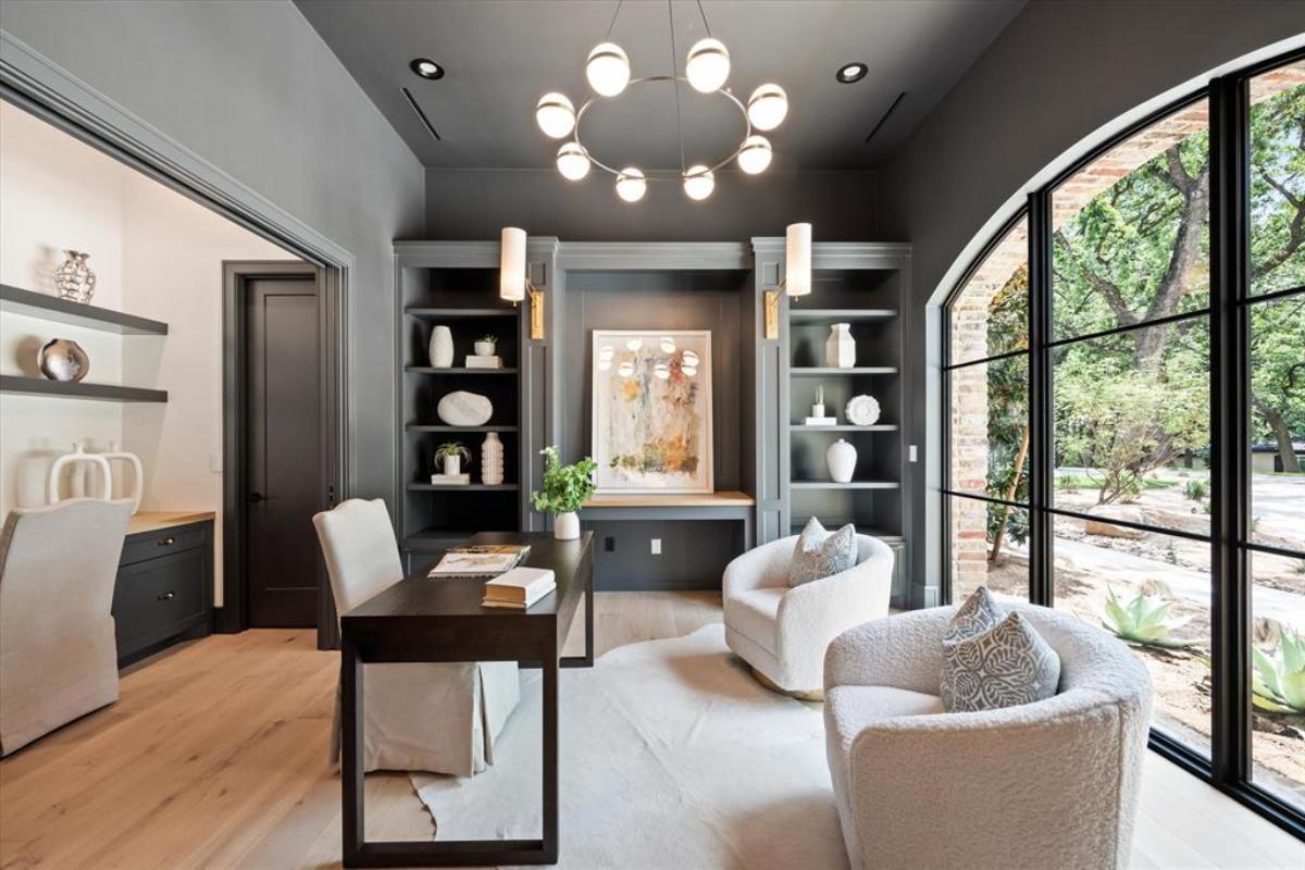 Home office with custom lighting.