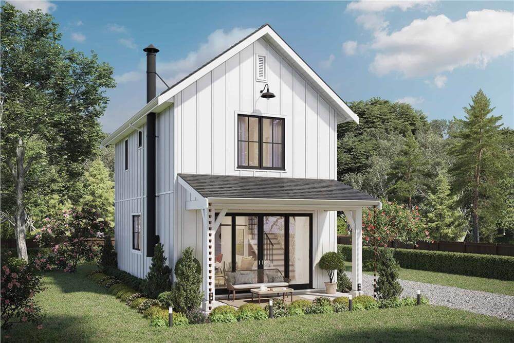 2-Bedroom Modern Farmhouse for a Narrow Lot with Covered Front Porch (Floor Plan)