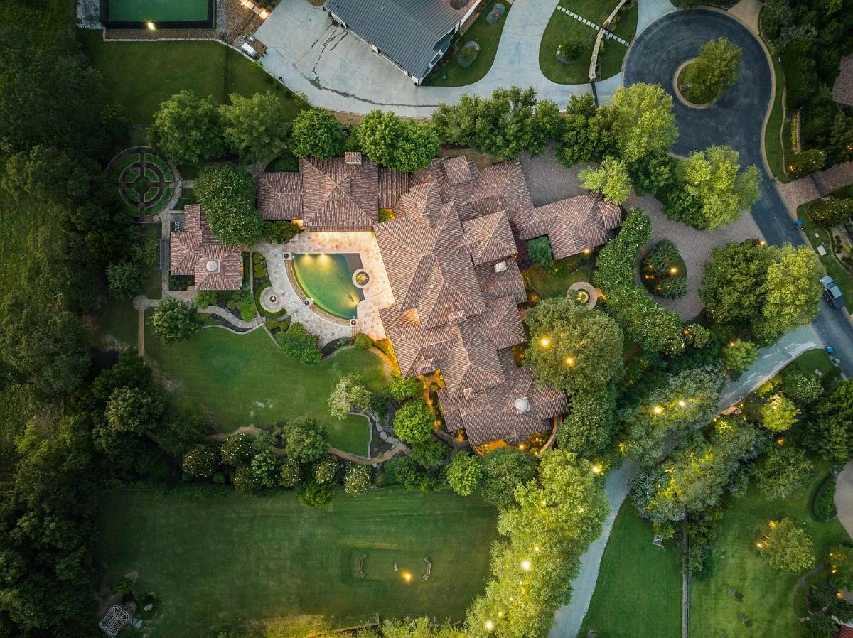 Aerial top view of the mansion.