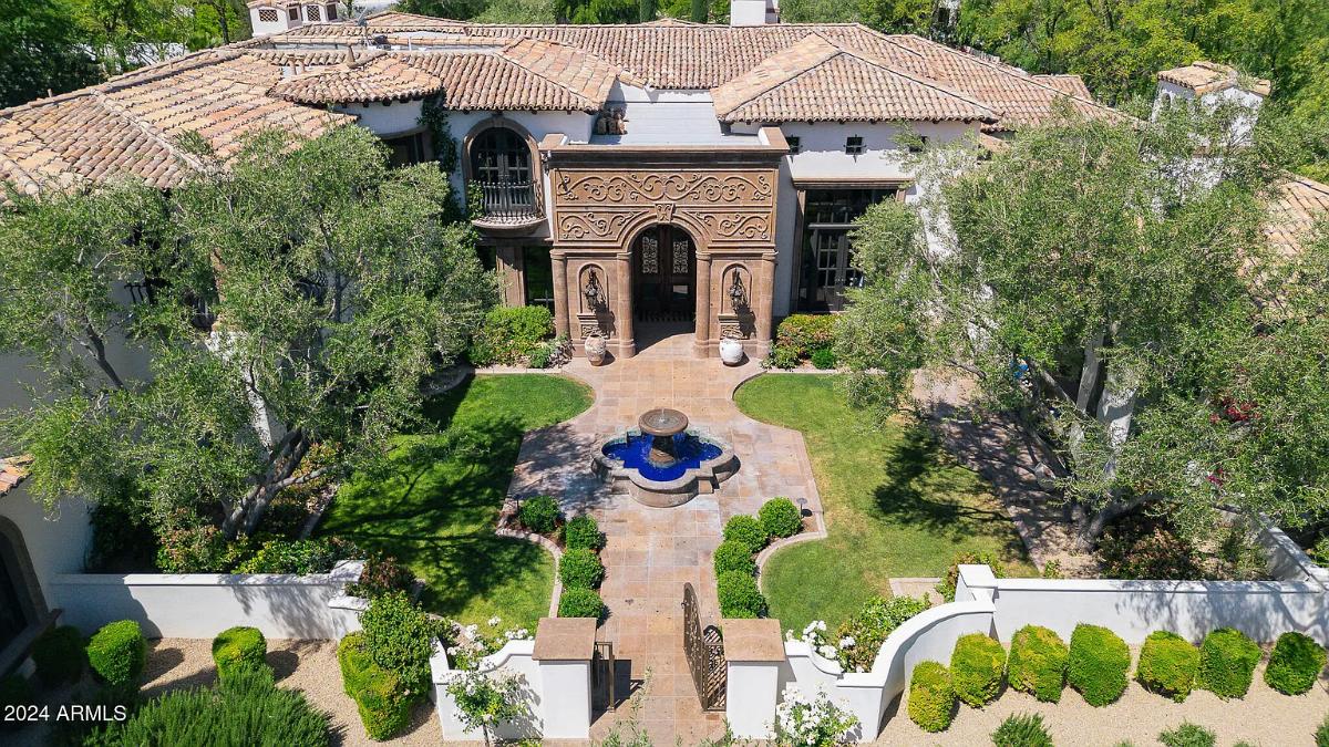 Aerial front view of the mansion.
