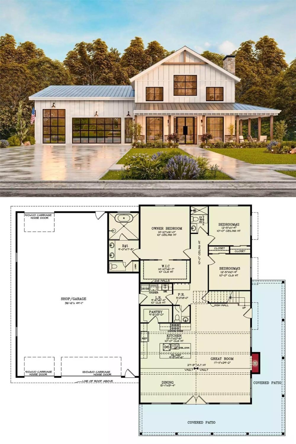 This 3-bedroom barndominium showcases a fresh and inviting facade with board and batten siding, expansive windows, and a wraparound porch highlighted by exposed trusses and rustic columns. An oversized 3-car garage connects to the home through the laundry room.