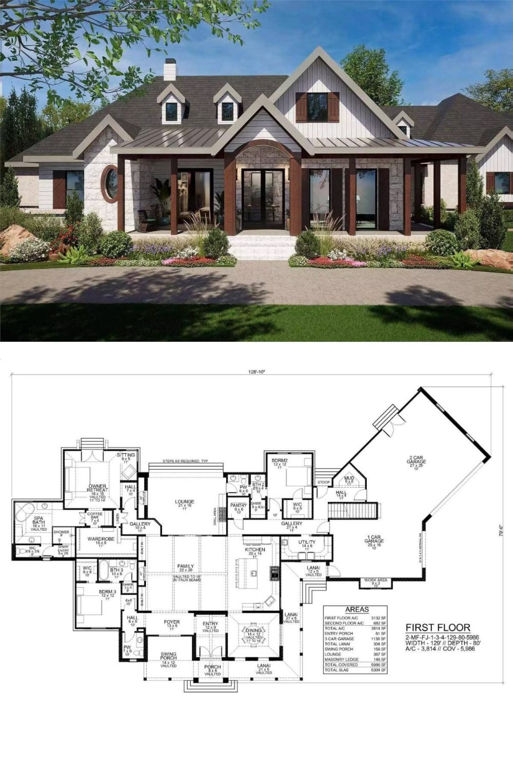 This 3-bedroom farmhouse showcases a charming facade with its vertical and horizontal siding accentuated by warm stone and rich dark wood details. It features a cozy front porch and an angled garage which features a game room and a separate sitting area above, offering added space and versatility.
