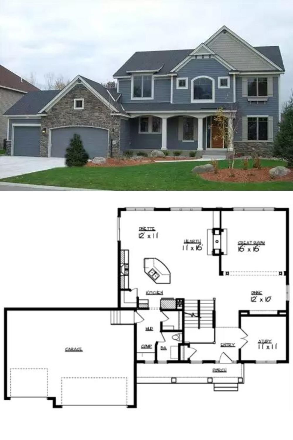 Blue clapboard siding, stone accents, gable rooflines, and decorative arches and pillars framing the front porch embellish this 3-bedroom craftsman home. A 3-car garage connects to the home through the mudroom.