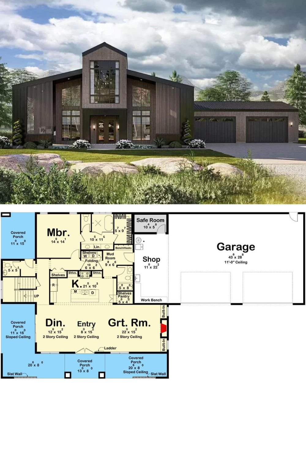 Rustic wood siding, sleek gables, and expansive windows bring contemporary charm to this 3-bedroom mountain home. It features a beautiful wraparound porch and an oversized 4-car garage with workshop space and a safe room.