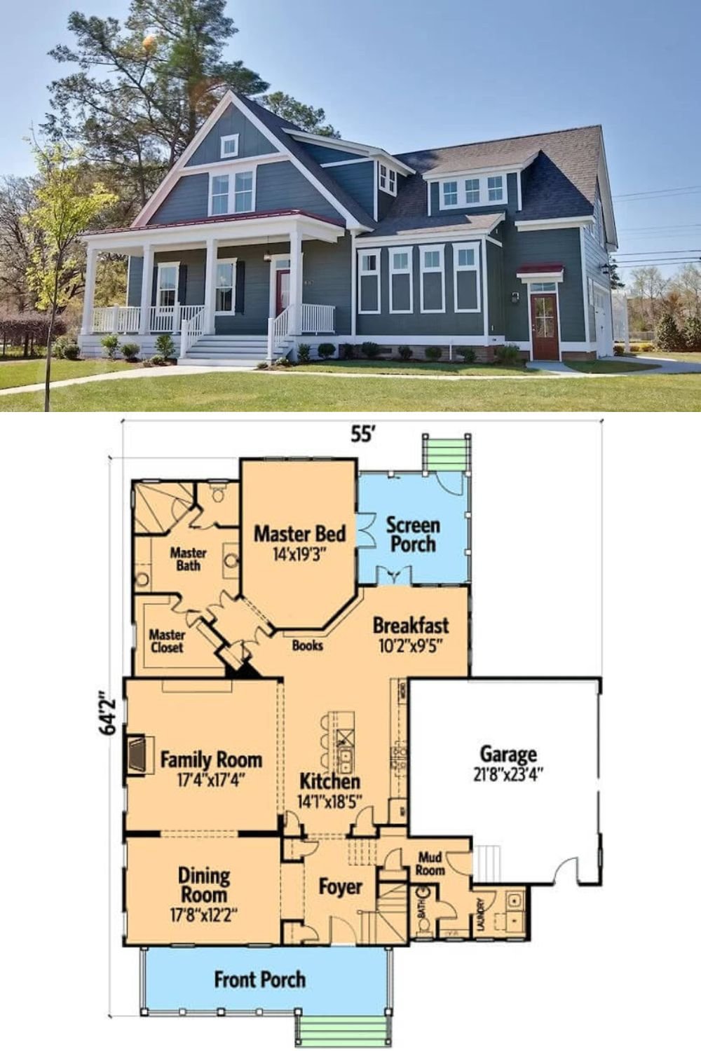 This charming 3-bedroom country farmhouse showcases an inviting exterior with a blend of horizontal and vertical siding, white-framed windows, and a cozy front porch framed by classic white railings and columns. A side-loading double garage provides easy access through a mudroom.