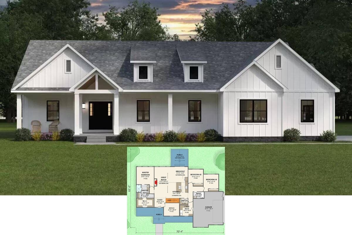 3-Bedroom Country-Style Home for a Corner Lot with Covered Front Porch (Floor Plan)