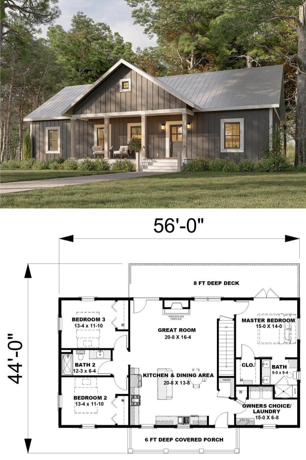 Board and batten siding, a central gable, and a welcoming front porch highlighted by rustic pillars give this country style home an exceptional curb appeal.