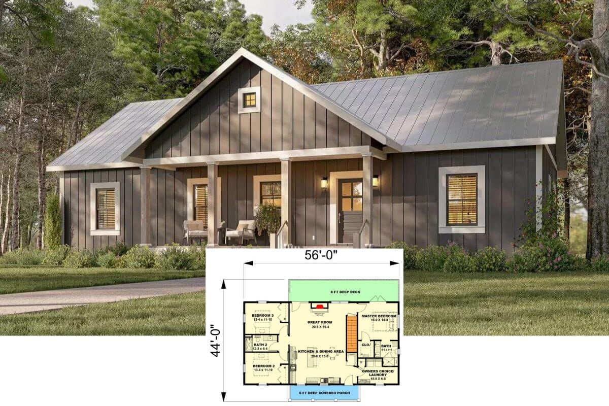 3-Bedroom Country Ranch with Front Porch and Open-Concept Living (Floor Plan)