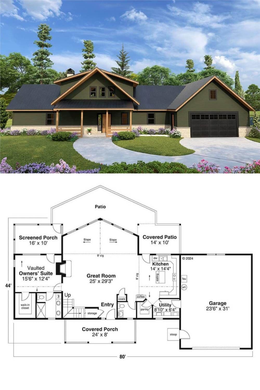 This Craftsman-style home boasts a timeless exterior with its horizontal siding in a rich, earthy green tone, complemented by warm wood trim and exposed rafters under the gabled rooflines. It includes a double front-loading garage and a welcoming front porch highlighted by timber pillars that adds to the home’s cozy, yet refined, charm.