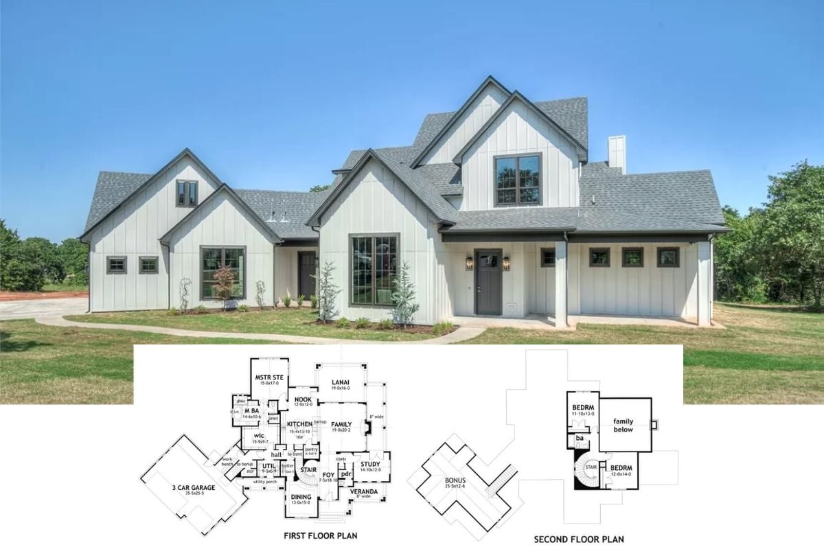 Crystal Falls 3-Bedroom Farmhouse for a Corner Lot with Bonus Room Above the Angled Garage (Floor Plan)