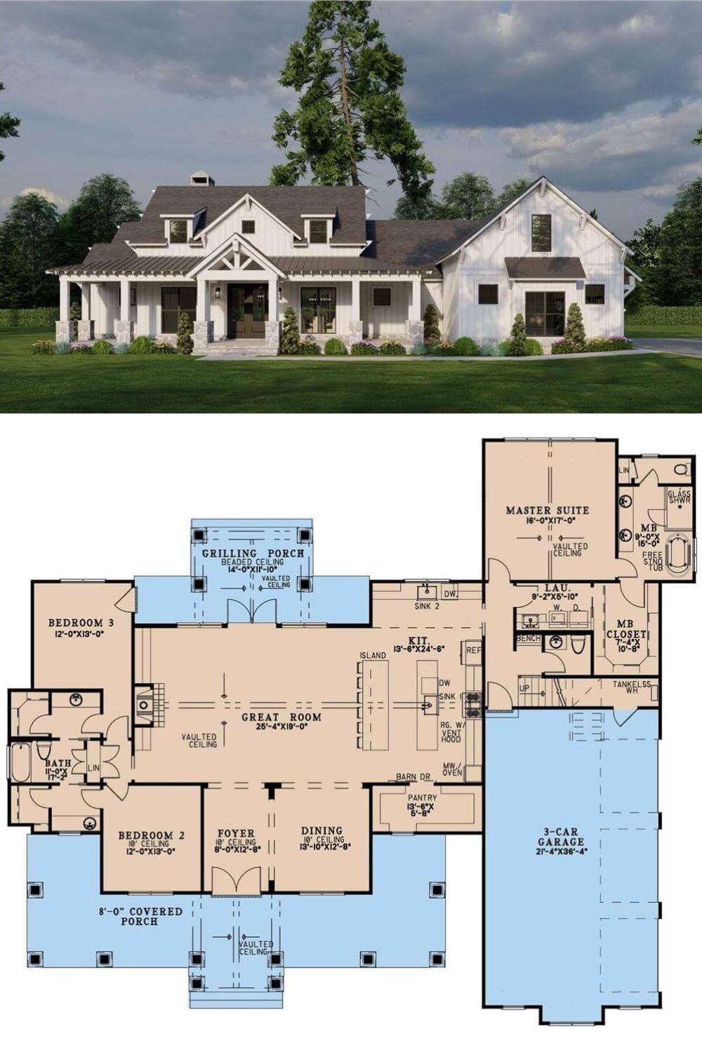 White board and batten siding, stone trims, twin shed dormers, and a welcoming front porch highlighted by exposed rafters and stone base pillars give this 3-bedroom farmhouse an exquisite curb appeal. It includes a 3-car side-loading garage with a bonus room above, ideal for use as a recreation room or additional living space.